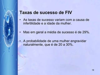 Taxas de sucesso de FIV
• As taxas de sucesso variam com a causa de
infertilidade e a idade da mulher.
• Mas em geral a média de sucesso é de 29%.
• A probabilidade de uma mulher engravidar
naturalmente, que é de 20 a 30%.
18
 