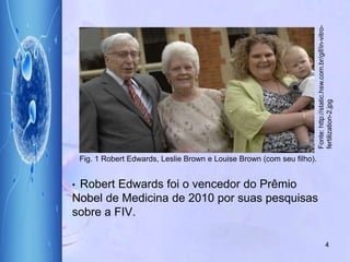 Fig. 1 Robert Edwards, Leslie Brown e Louise Brown (com seu filho).
• Robert Edwards foi o vencedor do Prêmio
Nobel de Medicina de 2010 por suas pesquisas
sobre a FIV.
4
Fonte:http://static.hsw.com.br/gif/in-vitro-
fertilization-2.jpg
 