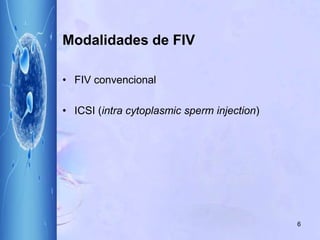 Modalidades de FIV
• FIV convencional
• ICSI (intra cytoplasmic sperm injection)
6
 