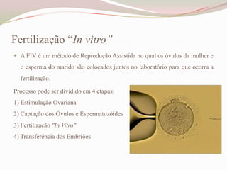 Fertilização “In vitro”
 A FIV é um método de Reprodução Assistida no qual os óvulos da mulher e

o esperma do marido são colocados juntos no laboratório para que ocorra a
fertilização.
Processo pode ser dividido em 4 etapas:
1) Estimulação Ovariana
2) Captação dos Óvulos e Espermatozóides
3) Fertilização "In Vitro"

4) Transferência dos Embriões

 