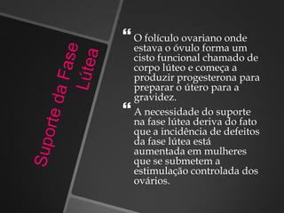  O folículo ovariano onde
estava o óvulo forma um
cisto funcional chamado de
corpo lúteo e começa a
produzir progesterona para
preparar o útero para a
gravidez.
 A necessidade do suporte
na fase lútea deriva do fato
que a incidência de defeitos
da fase lútea está
aumentada em mulheres
que se submetem a
estimulação controlada dos
ovários.
 