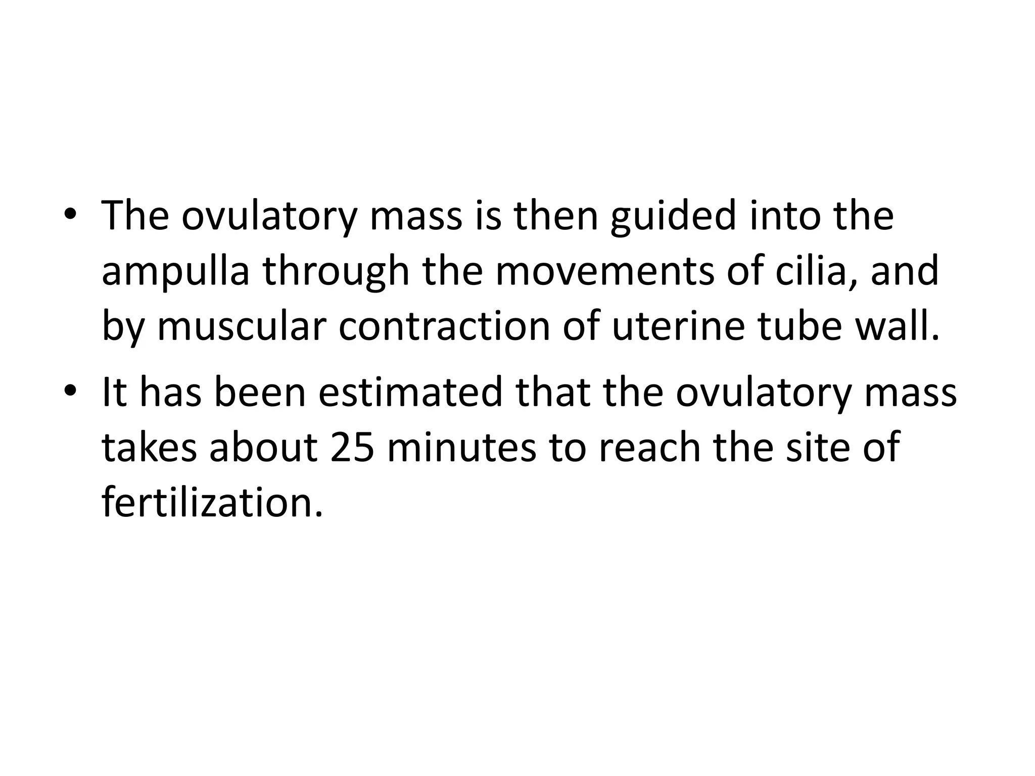 • The ovulatory mass is then guided into the
ampulla through the movements of cilia, and
by muscular contraction of uterine tube wall.
• It has been estimated that the ovulatory mass
takes about 25 minutes to reach the site of
fertilization.
 