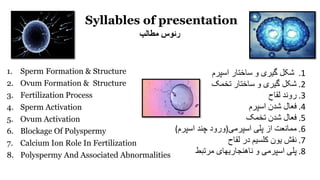 Syllables of presentation
‫مطالب‬ ‫رئوس‬
1. Sperm Formation & Structure
2. Ovum Formation & Structure
3. Fertilization Process
4. Sperm Activation
5. Ovum Activation
6. Blockage Of Polyspermy
7. Calcium Ion Role In Fertilization
8. Polyspermy And Associated Abnormalities
.1‫اسپرم‬ ‫ساختار‬ ‫و‬ ‫گیری‬ ‫شکلĬ
.2‫تخمک‬ ‫ساختار‬ ‫و‬ ‫گیری‬ ‫شکلĬ
.3‫لقاح‬ ‫روند‬
.4‫اسپرم‬ ‫شدن‬ ‫فعال‬
.5‫تخمک‬ ‫شدن‬ ‫فعال‬
.6‫اسپرمی‬ ‫پلی‬ ‫از‬ ‫ممانعت‬)‫اسپرم‬ ‫چند‬ ‫ورود‬(
.7‫لقاح‬ ‫در‬ ‫کلسیم‬ ‫یون‬ ‫نقش‬
.8‫مرتبط‬ ‫ناهنجاریهای‬ ‫و‬ ‫اسپرمی‬ ‫پلی‬
 