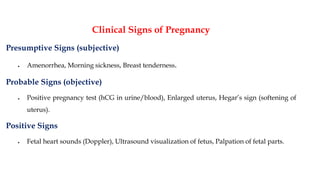 Clinical Signs of Pregnancy
Presumptive Signs (subjective)
• Amenorrhea, Morning sickness, Breast tenderness.
Probable Signs (objective)
• Positive pregnancy test (hCG in urine/blood), Enlarged uterus, Hegar’s sign (softening of
uterus).
Positive Signs
• Fetal heart sounds (Doppler), Ultrasound visualization of fetus, Palpation of fetal parts.
 