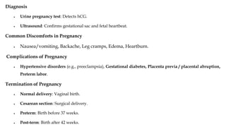 Diagnosis
• Urine pregnancy test: Detects hCG.
• Ultrasound: Confirms gestational sac and fetal heartbeat.
Common Discomforts in Pregnancy
• Nausea/vomiting, Backache, Leg cramps, Edema, Heartburn.
Complications of Pregnancy
• Hypertensive disorders (e.g., preeclampsia), Gestational diabetes, Placenta previa / placental abruption,
Preterm labor.
Termination of Pregnancy
• Normal delivery: Vaginal birth.
• Cesarean section: Surgical delivery.
• Preterm: Birth before 37 weeks.
• Post-term: Birth after 42 weeks.
 