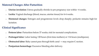 Maternal Changes After Parturition
• Uterine involution: Uterus gradually shrinks to pre-pregnancy size within ~6 weeks.
• Lochia: Vaginal discharge (blood, mucus, uterine tissue) for 4–6 weeks.
• Hormonal changes: Estrogen and progesterone levels drop sharply; prolactin remains high for
lactation.
Clinical Significance
• Preterm labor: Parturition before 37 weeks; risk for neonatal complications.
• Prolonged labor: Labor lasting >20 hours (first-time mothers) or >14 hours (multiparas).
• Obstructed labor: Baby cannot pass through birth canal → may require C-section.
• Postpartum hemorrhage: Excessive bleeding after delivery.
 