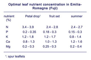 Optimal leaf nutrient concentration in Emilia-
                    Romagna (Fuji)

nutrient           Petal drop1       fruit set    summer
 (%)

 N           3.4 - 3.9             2.4 - 2.8      2.4 - 2.7
 P            0.2 - 0.35         0.18 - 0.3      0.15 - 0.3
 K           1.2 - 1.8           1.2 - 1.7       0.8 - 1.4
 Ca           0.8 - 1.3           1.0 - 1.3       1.2 - 1.6
 Mg           0.2 - 0.3          0.25 - 0.3       0.2 - 0.4


 : spur leaflets
 1
 