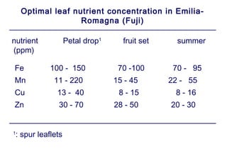 Optimal leaf nutrient concentration in Emilia-
                   Romagna (Fuji)

nutrient           Petal drop1     fruit set     summer
(ppm)

Fe          100 - 150             70 -100       70 - 95
Mn           11 - 220            15 - 45       22 - 55
Cu            13 - 40             8 - 15        8 - 16
Zn            30 - 70            28 - 50       20 - 30


1
 : spur leaflets
 