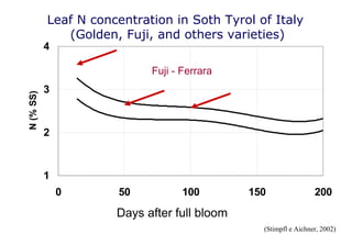 Leaf N concentration in Soth Tyrol of Italy
              (Golden, Fuji, and others varieties)
           4

                             Fuji - Ferrara
           3
N (% SS)




           2



           1
               0      50            100               150                200
                        gg. dopo la piena fioritura
                      Days after full bloom
                                                        (Stimpfl e Aichner, 2002)
 