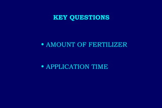 KEY QUESTIONS



• AMOUNT OF FERTILIZER


• APPLICATION TIME
 