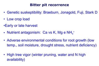 Bitter pit recorrence

• Genetic suskeptibility: Braeburn, Jonagold, Fuji, Stark D
• Low crop load
•Early or late harvest
• Nutrient antagonism: Ca vs K, Mg e NH4+

• Adverse environmental conditions for root growth (low
  temp., soil moisture, drought stress, nutrient deficiency)

• High tree vigor (winter pruning, water and N high
  availability)
 