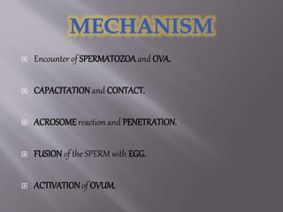  Encounter of SPERMATOZOA and OVA.
 CAPACITATIONand CONTACT.
 ACROSOME reaction and PENETRATION.
 FUSIONof the SPERM with EGG.
 ACTIVATIONof OVUM.
 