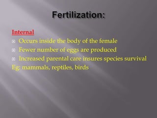 Internal
 Occurs inside the body of the female
 Fewer number of eggs are produced
 Increased parental care insures species survival
Eg: mammals, reptiles, birds
 