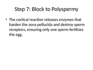 Step 7: Block to Polyspermy
• The cortical reaction releases enzymes that
harden the zona pellucida and destroy sperm
receptors, ensuring only one sperm fertilizes
the egg.
 