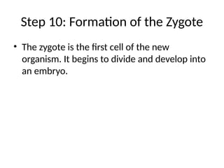 Step 10: Formation of the Zygote
• The zygote is the first cell of the new
organism. It begins to divide and develop into
an embryo.
 