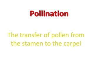 The transfer of pollen from
the stamen to the carpel
Pollination
 