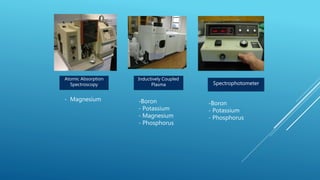 Atomic Absorption
Spectroscopy Spectrophotometer
Inductively Coupled
Plasma
- Magnesium -Boron
- Potassium
- Magnesium
- Phosphorus
-Boron
- Potassium
- Phosphorus
 