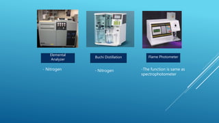 Buchi Distillation
Elemental
Analyzer
- Nitrogen
Flame Photometer
- Nitrogen -The function is same as
spectrophotometer
 