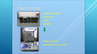 PROCEDURE
•Sample preparation
-registration
-drying
-grinding
•Weigh the sample
•Add distilled water and HCl
 