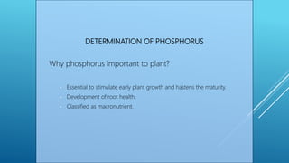 DETERMINATION OF PHOSPHORUS
Why phosphorus important to plant?
• Essential to stimulate early plant growth and hastens the maturity.
• Development of root health.
• Classified as macronutrient.
 