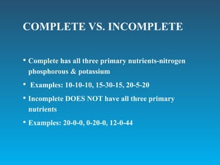 COMPLETE VS. INCOMPLETE
• Complete has all three primary nutrients-nitrogen
phosphorous & potassium
• Examples: 10-10-10, 15-30-15, 20-5-20
• Incomplete DOES NOT have all three primary
nutrients
• Examples: 20-0-0, 0-20-0, 12-0-44
 
