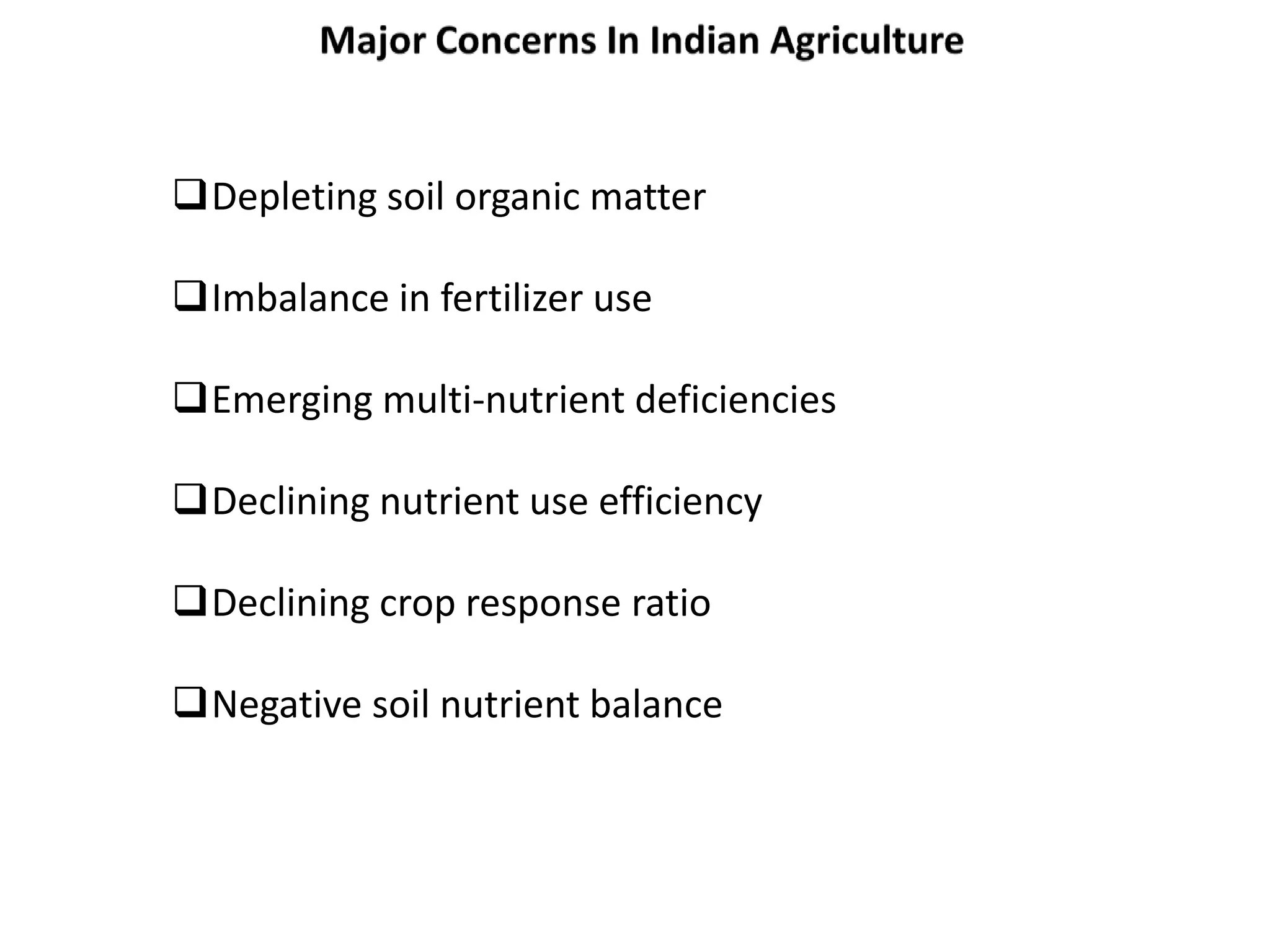 Depleting soil organic matter
Imbalance in fertilizer use
Emerging multi-nutrient deficiencies
Declining nutrient use efficiency
Declining crop response ratio
Negative soil nutrient balance
 