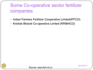 Some Co-operative sector fertilizer
companies
 Indian Farmers Fertilizer Cooperative Limited(IFFCO)
 Krishak Bharati Co-operative Limited (KRIBHCO)

7

Source: www.fert.nic.in

10/19/2013

 