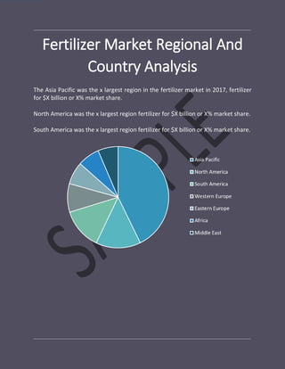 Fertilizer Market Regional And
Country Analysis
The Asia Pacific was the x largest region in the fertilizer market in 2017, fertilizer
for $X billion or X% market share.
North America was the x largest region fertilizer for $X billion or X% market share.
South America was the x largest region fertilizer for $X billion or X% market share.
 