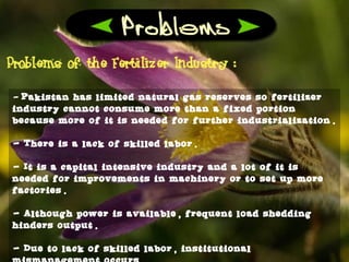 - Pakistan has limited natural gas reserves so fertilizer
industry cannot consume more than a fixed portion
because more of it is needed for further industrialization.
- There is a lack of skilled labor.
- It is a capital intensive industry and a lot of it is
needed for improvements in machinery or to set up more
factories.
- Although power is available, frequent load shedding
hinders output.
- Due to lack of skilled labor, institutional
 