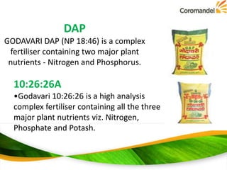 DAP
GODAVARI DAP (NP 18:46) is a complex
fertiliser containing two major plant
nutrients - Nitrogen and Phosphorus.

10:26:26A
•Godavari 10:26:26 is a high analysis
complex fertiliser containing all the three
major plant nutrients viz. Nitrogen,
Phosphate and Potash.

 