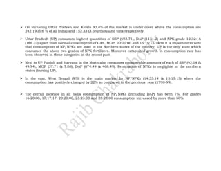 On including Uttar Pradesh and Kerela 92.4% of the market is under cover where the consumption are
242.19 (5.6 % of all India) and 152.33 (3.6%) thousand tons respectively.

Uttar Pradesh (UP) consumes highest quantities of SSP (693.71), DAP (1131.2) and NPK grade 12:32:16
(186.32) apart from normal consumption of CAN, MOP, 20:20:00 and 15:15:15. Here it is important to note
that consumption of NP/NPKs are least in the Northern states of the country. UP is the only state which
consumes the above two grades of NPK fertilizers. Moreover catapulted growth in consumption rate has
been observed in these categories in the recent past.

Next to UP Punjab and Haryana in the North also consumes considerable amounts of each of SSP (92.14 &
49.94), MOP (37.71 & 7.08), DAP (674.49 & 468.49). Penetration of NPKs is negligible in the northern
states (barring UP).

In the east, West Bengal (WB) is the main market for NP/NPKs (14:35:14 & 15:15:15) where the
consumption has positively changed by 22% as compared to the previous year (1998-99).


The overall increase in all India consumption of NP/NPKs (including DAP) has been 7%. For grades
16:20:00, 17:17:17, 20:20:00, 23:23:00 and 28:28:00 consumption increased by more than 50%.
 