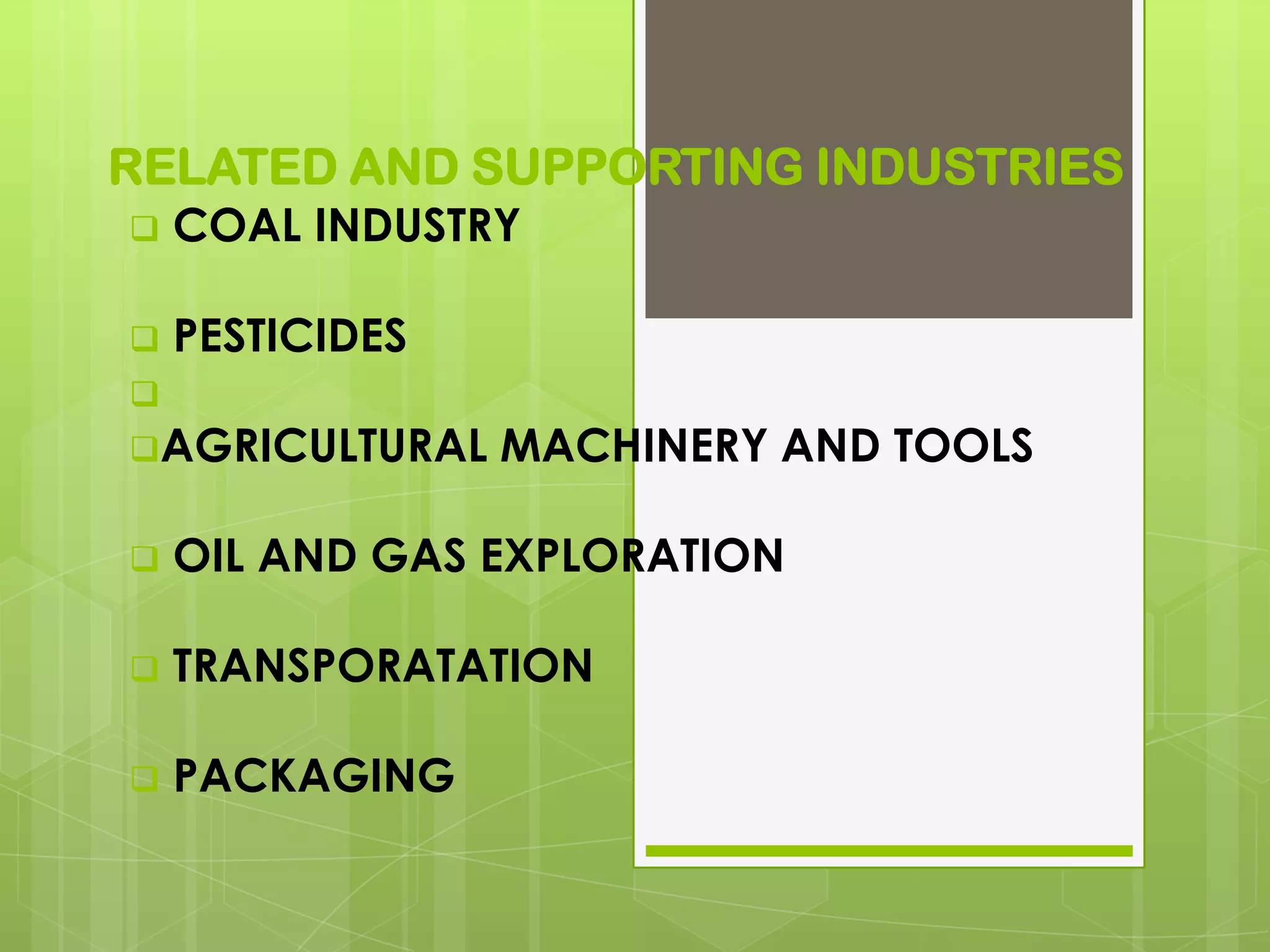 RELATED AND SUPPORTING INDUSTRIES
   COAL INDUSTRY

   PESTICIDES

AGRICULTURAL    MACHINERY AND TOOLS

   OIL AND GAS EXPLORATION

   TRANSPORATATION

   PACKAGING
 
