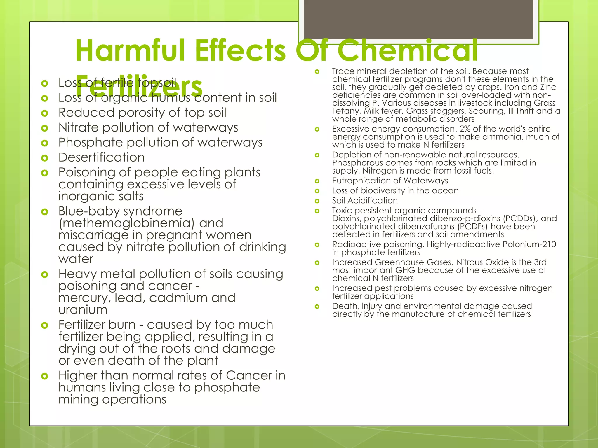 Harmful Effects Of Chemical                  Trace mineral depletion of the soil. Because most

      Fertilizers
                                               
                                                   chemical fertilizer programs don't these elements in the
   Loss of fertile topsoil                        soil, they gradually get depleted by crops. Iron and Zinc
   Loss of organic humus content in soil          deficiencies are common in soil over-loaded with non-
                                                   dissolving P. Various diseases in livestock including Grass
   Reduced porosity of top soil                   Tetany, Milk fever, Grass staggers, Scouring, Ill Thrift and a
                                                   whole range of metabolic disorders
   Nitrate pollution of waterways                Excessive energy consumption. 2% of the world's entire
                                                   energy consumption is used to make ammonia, much of
   Phosphate pollution of waterways               which is used to make N fertilizers
   Desertification                               Depletion of non-renewable natural resources.
                                                   Phosphorous comes from rocks which are limited in
   Poisoning of people eating plants              supply. Nitrogen is made from fossil fuels.
                                                   Eutrophication of Waterways
    containing excessive levels of             
                                                   Loss of biodiversity in the ocean
    inorganic salts
                                               
                                                  Soil Acidification
   Blue-baby syndrome                            Toxic persistent organic compounds -
                                                   Dioxins, polychlorinated dibenzo-p-dioxins (PCDDs), and
    (methemoglobinemia) and                        polychlorinated dibenzofurans (PCDFs) have been
    miscarriage in pregnant women                  detected in fertilizers and soil amendments
    caused by nitrate pollution of drinking       Radioactive poisoning. Highly-radioactive Polonium-210
                                                   in phosphate fertilizers
    water                                         Increased Greenhouse Gases. Nitrous Oxide is the 3rd
                                                   most important GHG because of the excessive use of
   Heavy metal pollution of soils causing         chemical N fertilizers
    poisoning and cancer -                        Increased pest problems caused by excessive nitrogen
    mercury, lead, cadmium and                     fertilizer applications
                                                   Death, injury and environmental damage caused
    uranium                                    
                                                   directly by the manufacture of chemical fertilizers
   Fertilizer burn - caused by too much
    fertilizer being applied, resulting in a
    drying out of the roots and damage
    or even death of the plant
   Higher than normal rates of Cancer in
    humans living close to phosphate
    mining operations
 