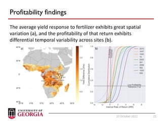 22
20 October 2022 22
Profitability findings
The average yield response to fertilizer exhibits great spatial
variation (a), and the profitability of that return exhibits
differential temporal variability across sites (b).
 