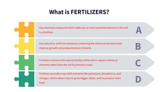 What is FERTILIZERS?
A
B
C
D
Any chemical compound which adds one or more essential element to the soil
is a fertilizer.
Any natural or artificial substance containing the chemical elements that
improve growth and productiveness of plants.
Fertilizers enhance the natural fertility of the soil or replace chemical
elements taken from the soil by previous crops.
Fertilizers provide crops with nutrients like potassium, phosphorus, and
nitrogen, which allow crops to grow bigger, faster, and to produce more
food.
 