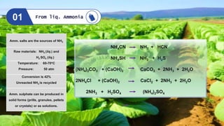 From liq. Ammonia
01
Raw materials: NH3 (liq.) and
H2 SO4 (liq.)
Temperature: 60-70oC
Pressure: 50 atm
Conversion is 42%
Unreacted NH3 is recycled
Amm. sulphate can be produced in
solid forms (prills, granules, pellets
or crystals) or as solutions.
Amm. salts are the sources of NH3
NH4CN NH3 + HCN
NH4SH NH3 + H2S
(NH4)2CO3 + (CaOH)2 CaCO3 + 2NH3 + 2H2O
2NH4Cl + (CaOH)2 CaCl2 + 2NH3 + 2H2O
2NH3 + H2SO4 (NH4)2SO4
 