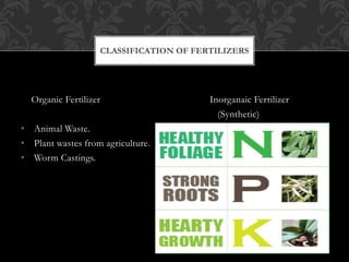 Organic Fertilizer
• Animal Waste.
• Plant wastes from agriculture.
• Worm Castings.
Inorganaic Fertilizer
(Synthetic)
CLASSIFICATION OF FERTILIZERS
 