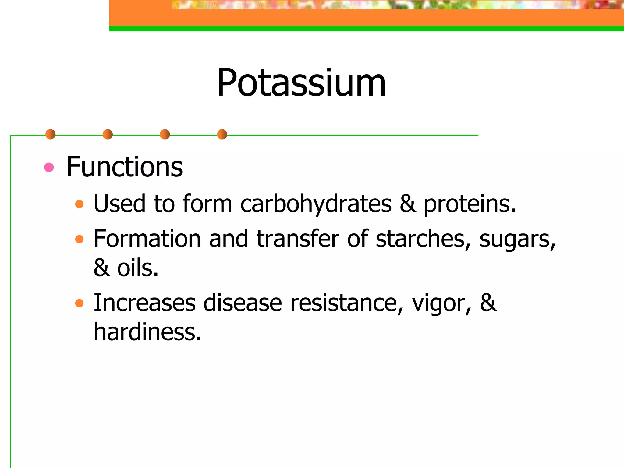 Potassium
• Functions
• Used to form carbohydrates & proteins.
• Formation and transfer of starches, sugars,
& oils.
• Increases disease resistance, vigor, &
hardiness.
 