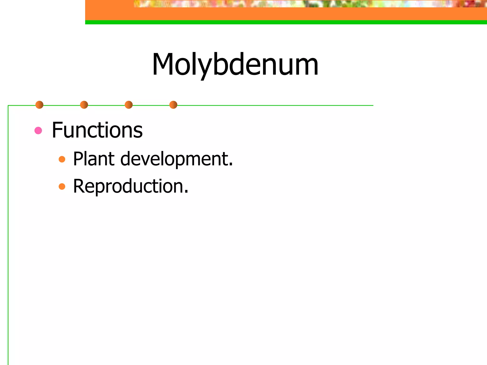 Molybdenum
• Functions
• Plant development.
• Reproduction.
 