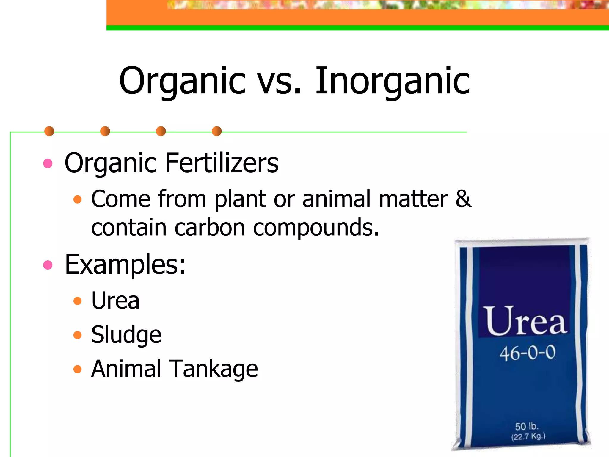 Organic vs. Inorganic
• Organic Fertilizers
• Come from plant or animal matter &
contain carbon compounds.
• Examples:
• Urea
• Sludge
• Animal Tankage
 