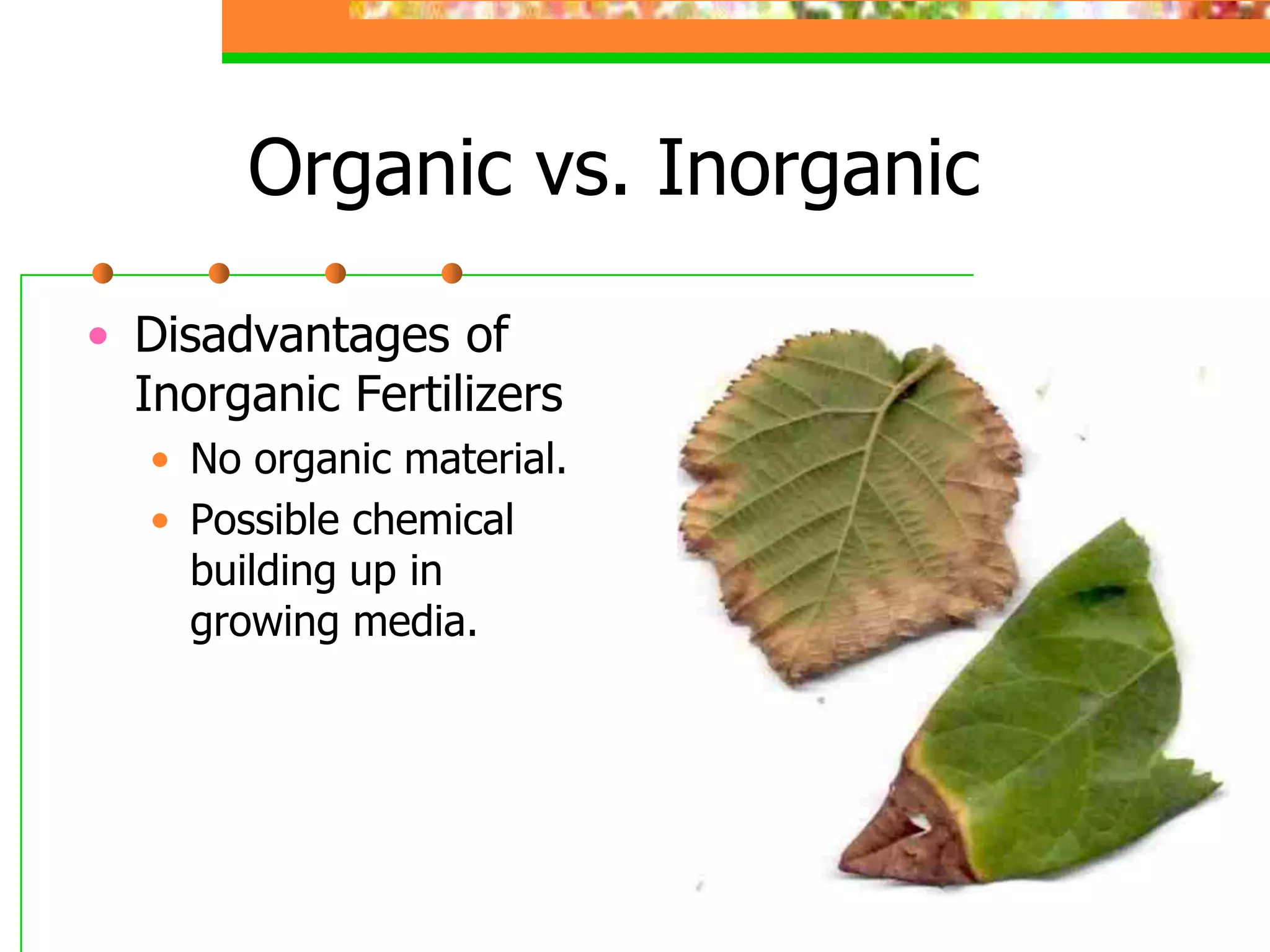 Organic vs. Inorganic
• Disadvantages of
Inorganic Fertilizers
• No organic material.
• Possible chemical
building up in
growing media.
 