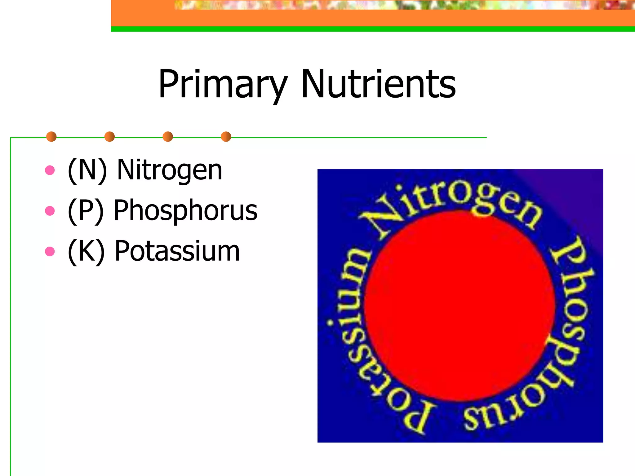 Primary Nutrients
• (N) Nitrogen
• (P) Phosphorus
• (K) Potassium
 