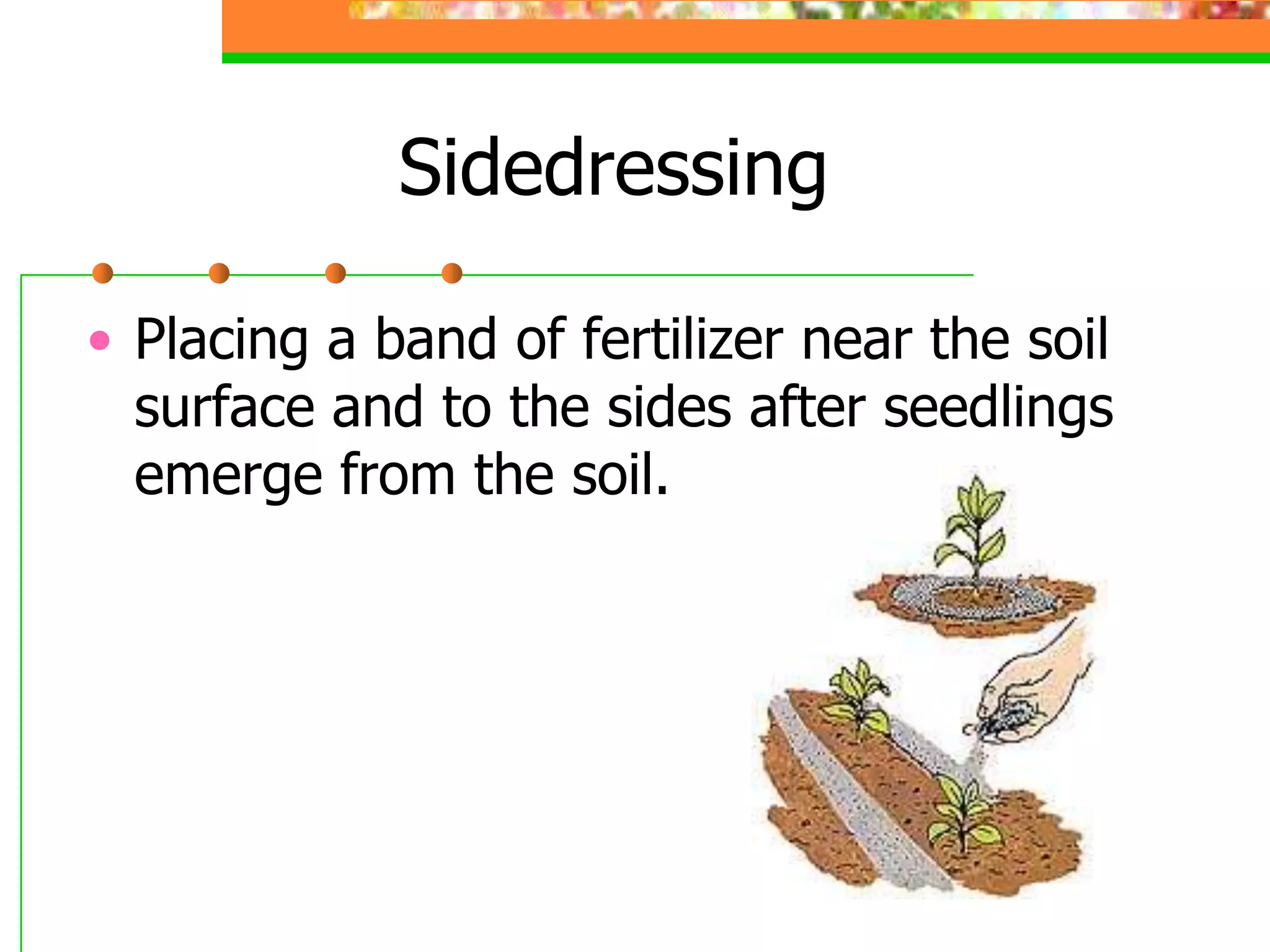 Sidedressing
• Placing a band of fertilizer near the soil
surface and to the sides after seedlings
emerge from the soil.
 