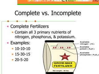 Complete vs. Incomplete
• Complete Fertilizers
• Contain all 3 primary nutrients of
nitrogen, phosphorus, & potassium.
• Examples:
• 10-10-10
• 15-30-15
• 20-5-20
 