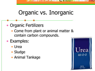Organic vs. Inorganic
• Organic Fertilizers
• Come from plant or animal matter &
contain carbon compounds.
• Examples:
• Urea
• Sludge
• Animal Tankage
 