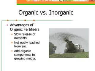 Organic vs. Inorganic
• Advantages of
Organic Fertilizers
• Slow release of
nutrients.
• Not easily leached
from soil.
• Add organic
components to
growing media.
 
