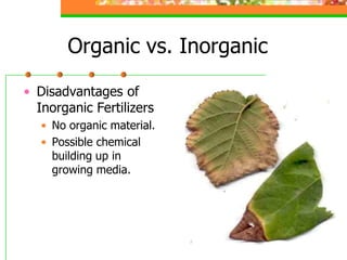 Organic vs. Inorganic
• Disadvantages of
Inorganic Fertilizers
• No organic material.
• Possible chemical
building up in
growing media.
 