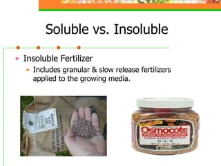 Soluble vs. Insoluble
• Insoluble Fertilizer
• Includes granular & slow release fertilizers
applied to the growing media.
 