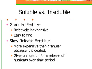 Soluble vs. Insoluble
• Granular Fertilizer
• Relatively inexpensive
• Easy to find
• Slow Release Fertilizer
• More expensive than granular
because it is coated.
• Gives a more uniform release of
nutrients over time period.
 