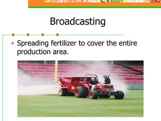 Broadcasting
• Spreading fertilizer to cover the entire
production area.
 